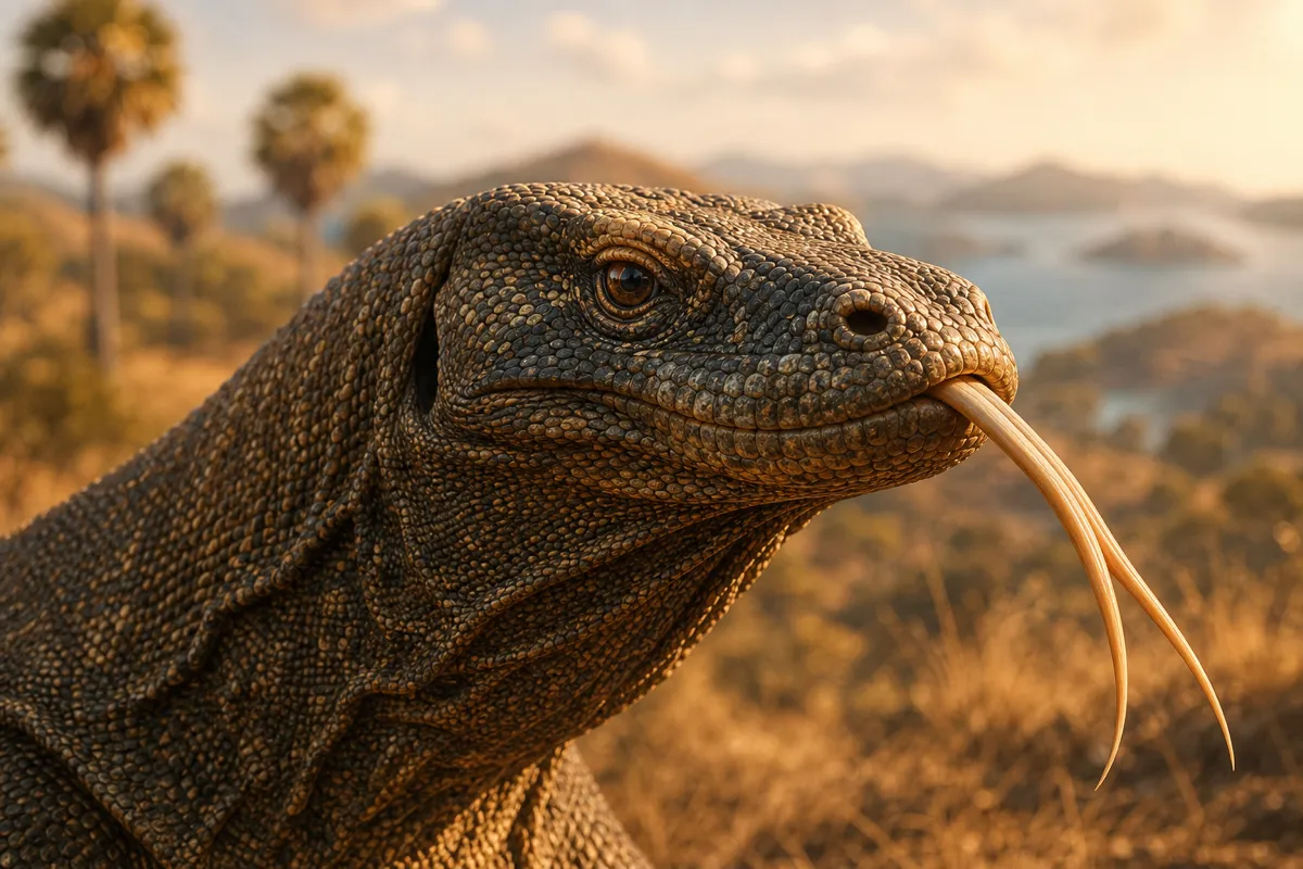 Close-up of a Komodo dragon with its forked tongue tasting the air