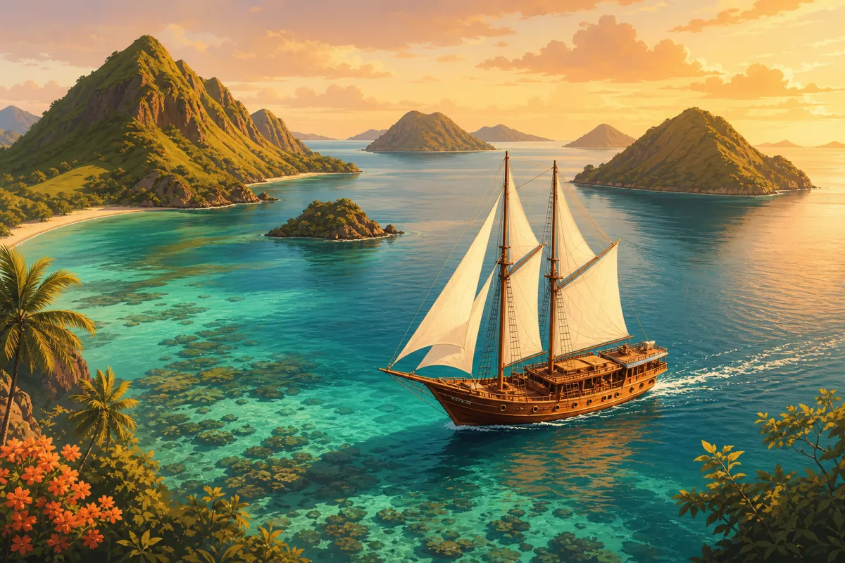 Traditional phinisi boat sailing through turquoise waters between green volcanic islands
