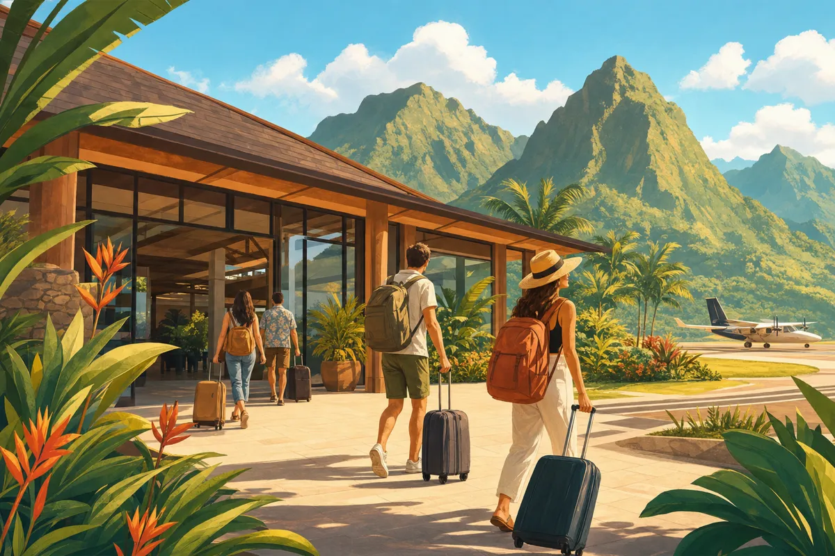 Labuan Bajo airport arrival area with tropical mountains in the background
