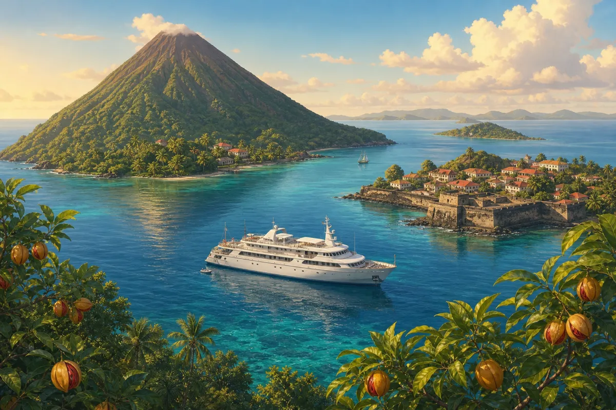Liveaboard anchored in the Banda Islands with Gunung Api volcano and Banda Neira fort