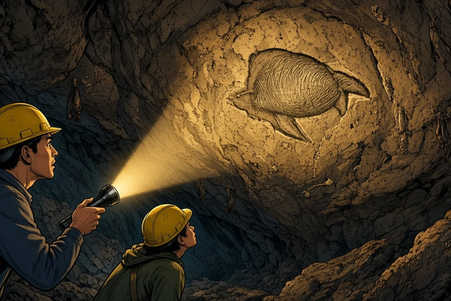 Illustration de bande dessinée représentant un guide éclairant à la lampe torche un fossile en forme de tortue dans la voûte calcaire de la grotte de Batu Cermin, près de Labuan Bajo, avec des visiteurs coiffés de casques dans un passage étroit