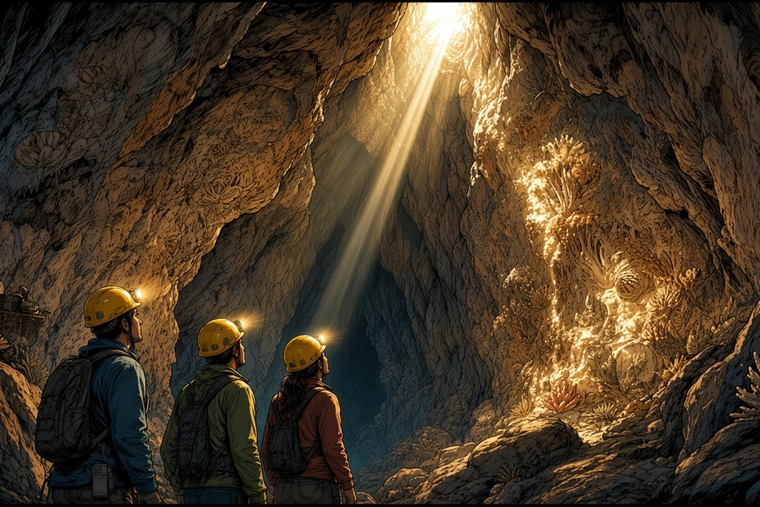 Illustration de bande dessinée représentant un rayon de soleil matinal pénétrant dans la salle des miroirs de la grotte de Batu Cermin, à Labuan Bajo, éclairant les parois calcaires parsemées de fossiles, tandis qu'un guide et des visiteurs, coiffés de casques, lèvent les yeux