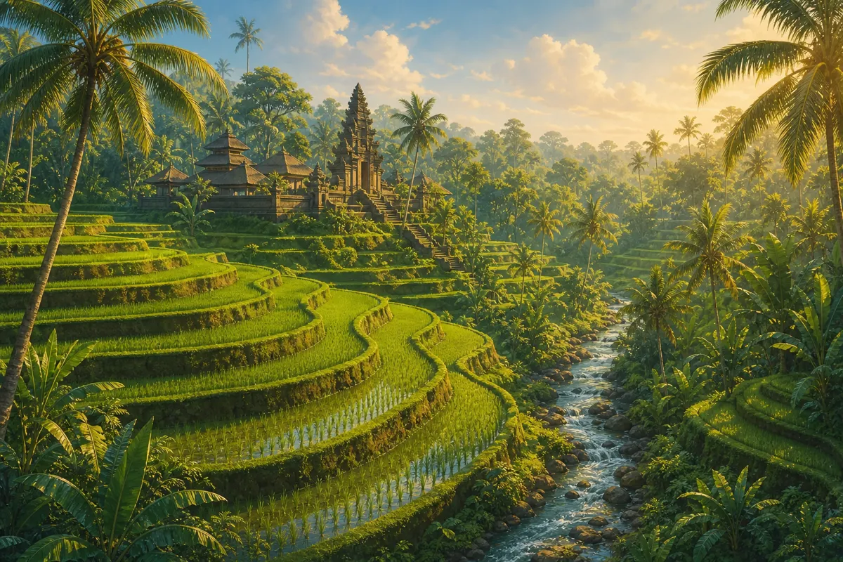 Terraced rice paddies and temple in Ubud, Bali