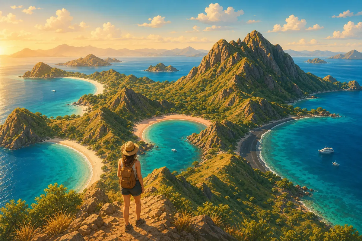 Padar Island viewpoint in Komodo National Park with three bays and turquoise water