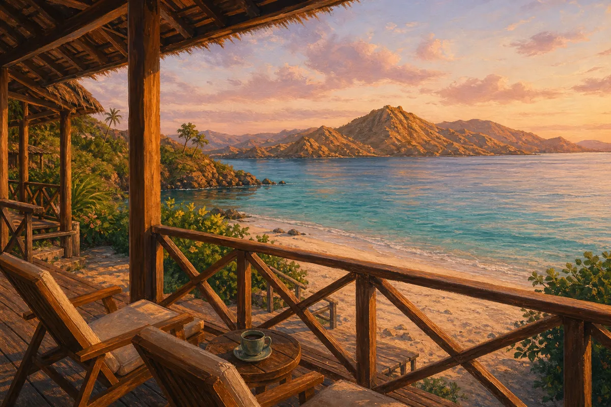 Beachfront bungalow porch on a private island at dawn with Komodo's hills across the water