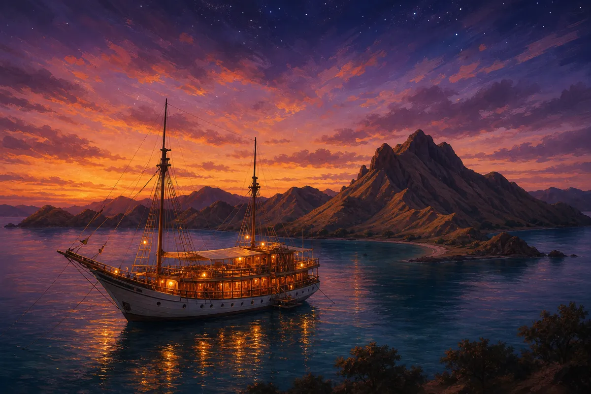 Liveaboard yacht anchored in a calm Komodo bay at dusk with lanterns glowing on deck