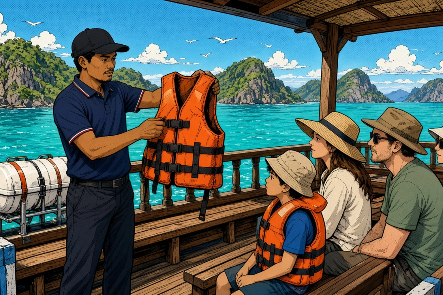 Illustration im Graphic-Novel-Stil, die ein Besatzungsmitglied zeigt, das auf dem Deck eines hölzernen Ausflugsbootes in Labuan Bajo eine Sicherheitseinweisung gibt und dabei eine Schwimmweste hochhält, während Gäste mit Sonnenhüten zuhören