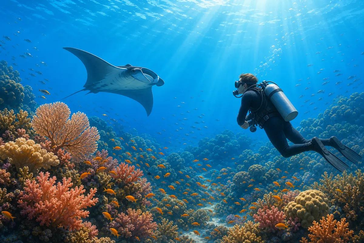 Scuba diver with good buoyancy observing a manta ray over a healthy Coral Triangle reef