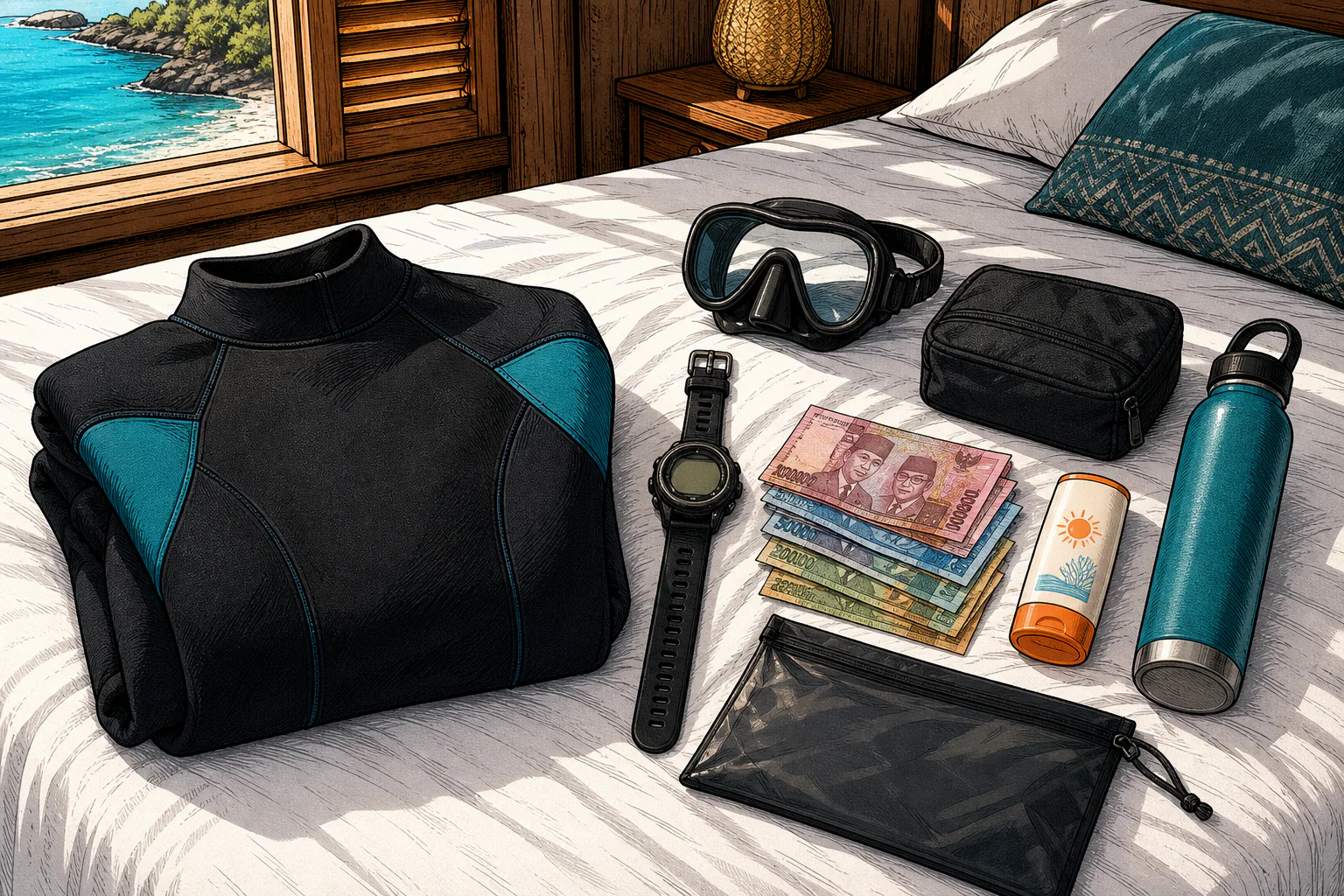 Illustrazione in stile graphic novel che raffigura l’attrezzatura da immersione disposta sul letto di un bungalow alla luce del sole mattutino, tra cui una muta da 5 mm ripiegata, un computer da immersione, una maschera, una trousse con cerniera, banconote in rupie indonesiane, crema solare rispettosa della barriera corallina e una bottiglia d’acqua, con il mare turchese che si intravede attraverso la finestra con le persiane chiuse