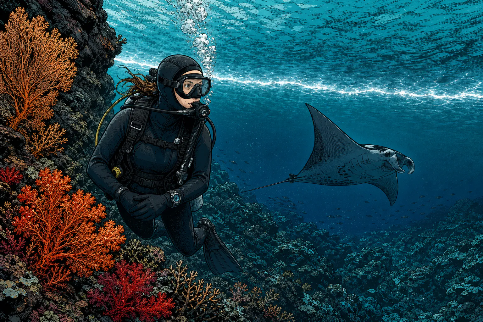 Illustrazione in stile graphic novel raffigurante una subacquea che indossa una muta con cappuccio e guanti da 5 mm, in assetto perfetto accanto a una parete corallina a sud di Komodo ricoperta di coralli molli arancioni e rossi; sopra di lei è visibile una termoclina che delimita l’acqua, mentre una manta di barriera scivola nelle profondità più fredde, di colore blu-verde
