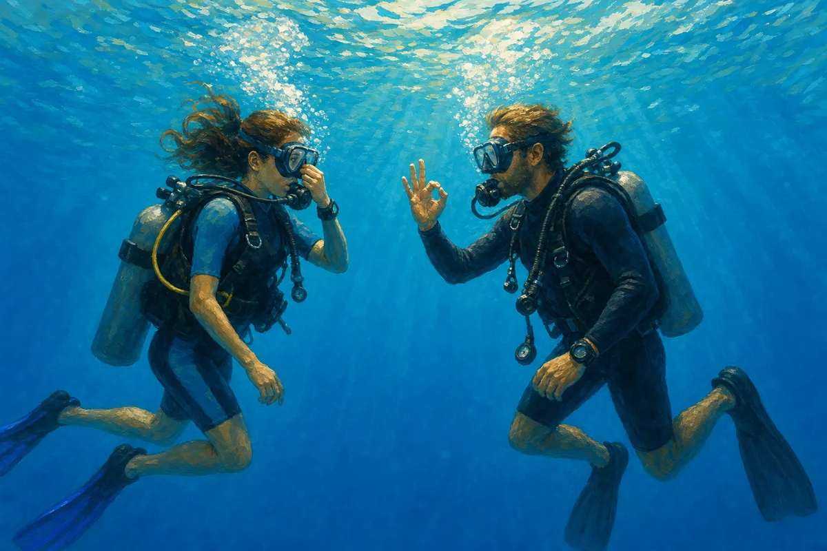 Dive instructor watching a student pinch her nose to equalize during a shallow water training session