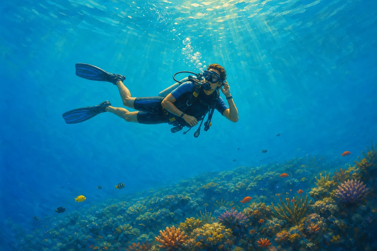 Relaxed diver equalizing while descending gradually along a Komodo reef slope