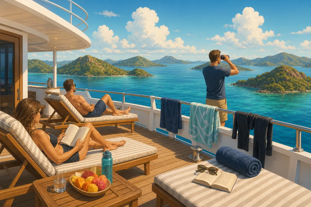 Guests relaxing on the sun deck of a liveaboard during a surface interval in Komodo