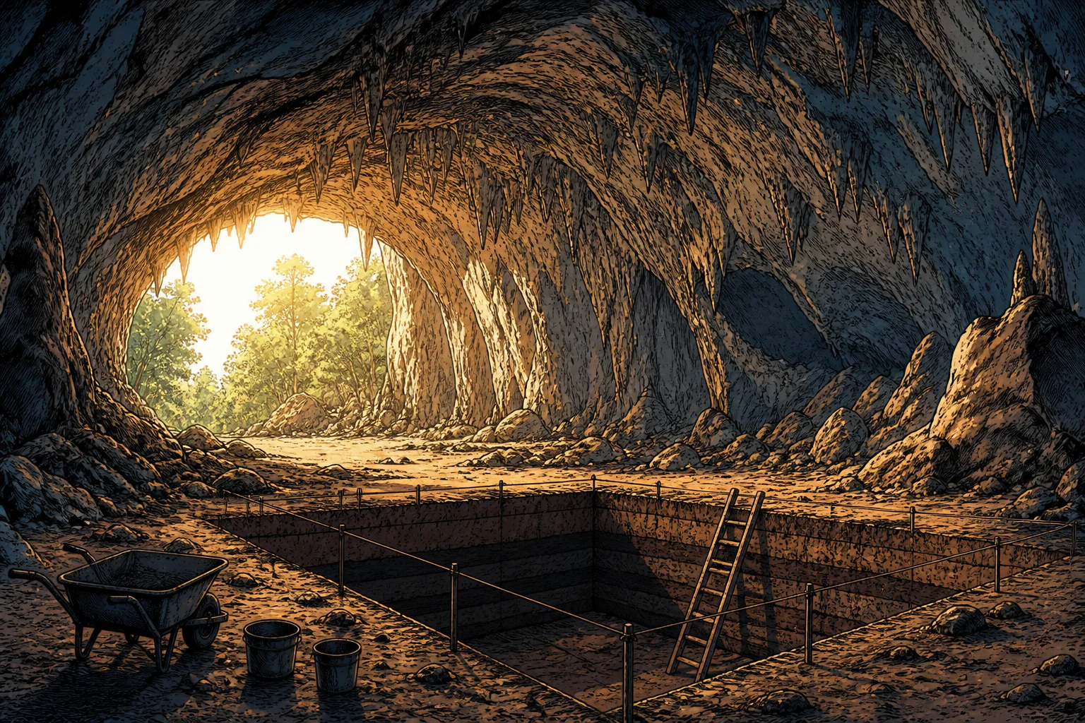 The high-roofed limestone interior of Liang Bua cave on Flores, with daylight flooding in from the wide entrance and a marked rectangular excavation pit cut deep into the earth floor in the foreground