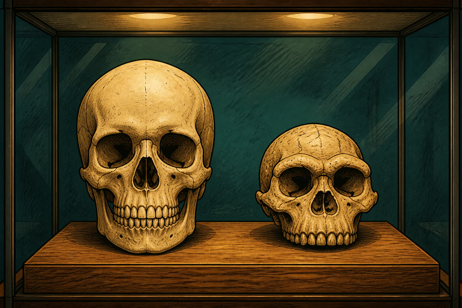 A cast of the LB1 Homo floresiensis skull displayed beside a modern human skull in a museum case, the smaller skull showing a much lower and smaller braincase, a heavier brow ridge and no chin