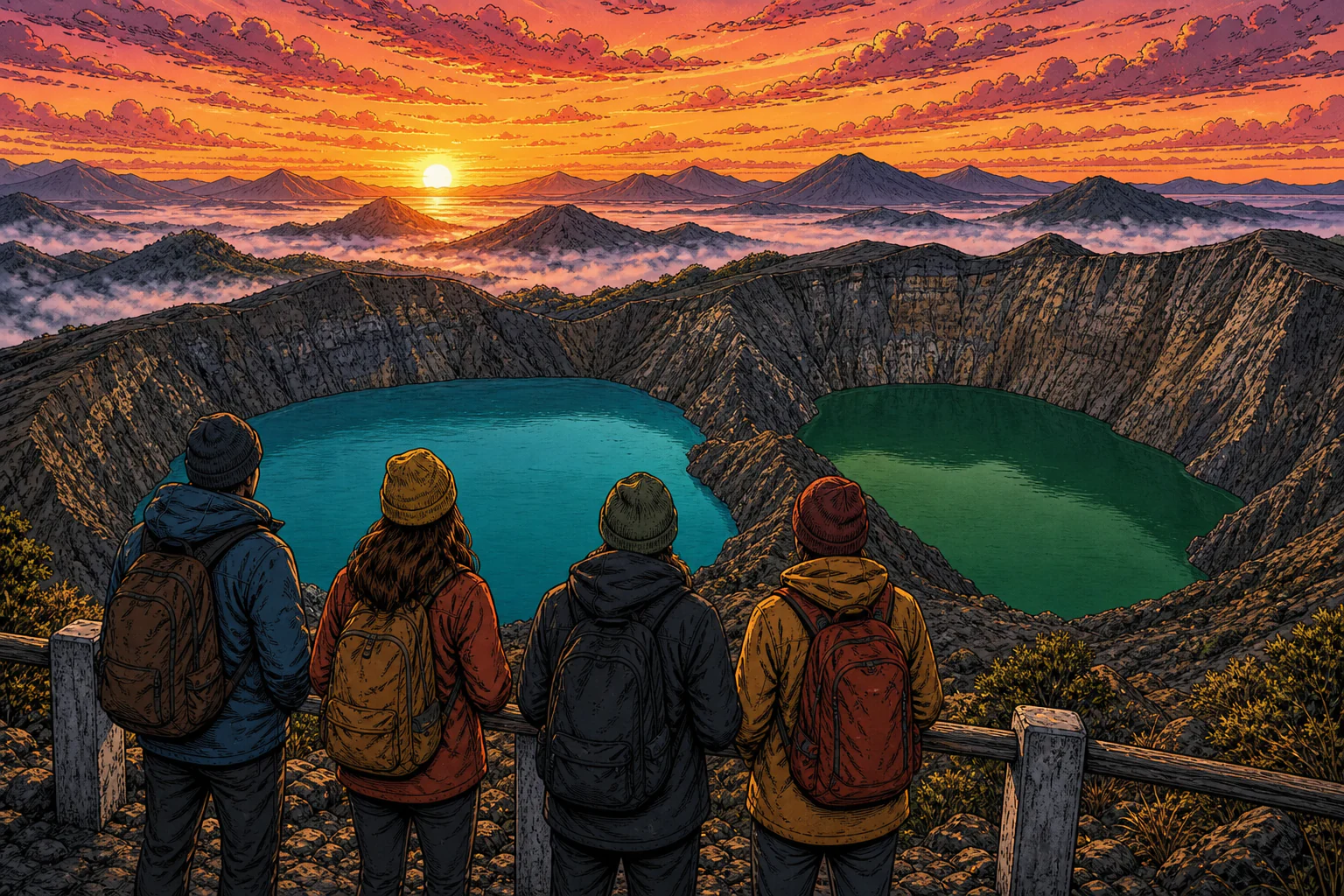 Travellers standing at the Kelimutu viewpoint at dawn, looking down on two of the three crater lakes in contrasting turquoise and dark green, with mist in the valleys and the sun rising behind distant volcanic ridges