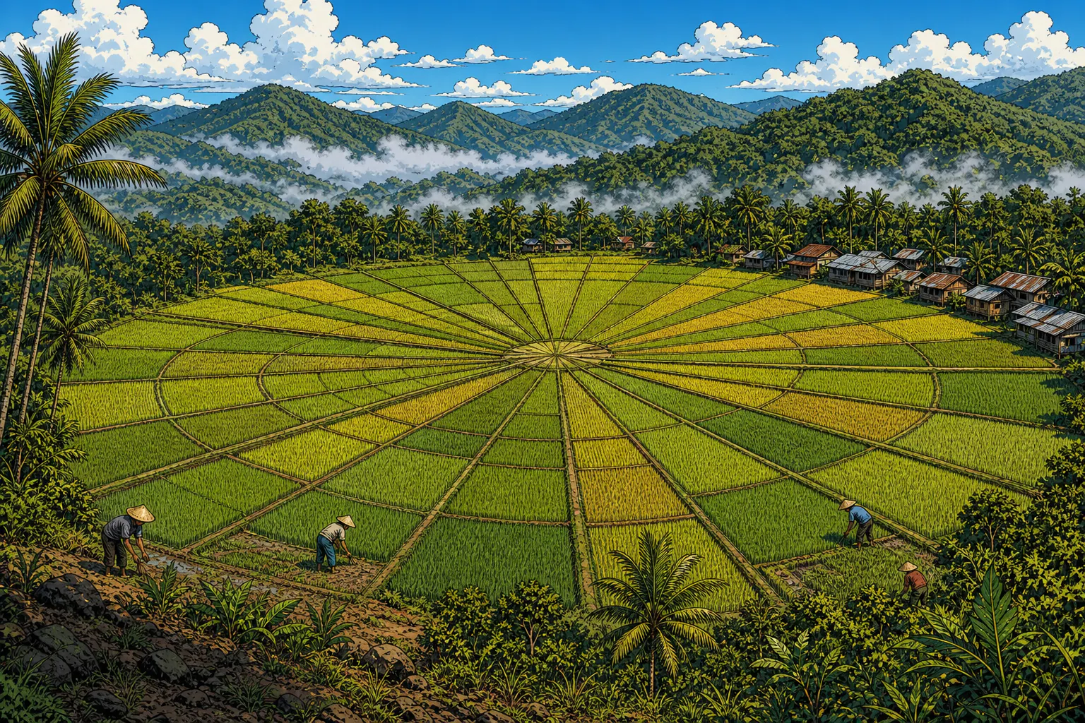 The Lingko spider-web rice fields at Cancar near Ruteng, radiating from a central point in green and gold segments, seen from the hillside viewpoint above