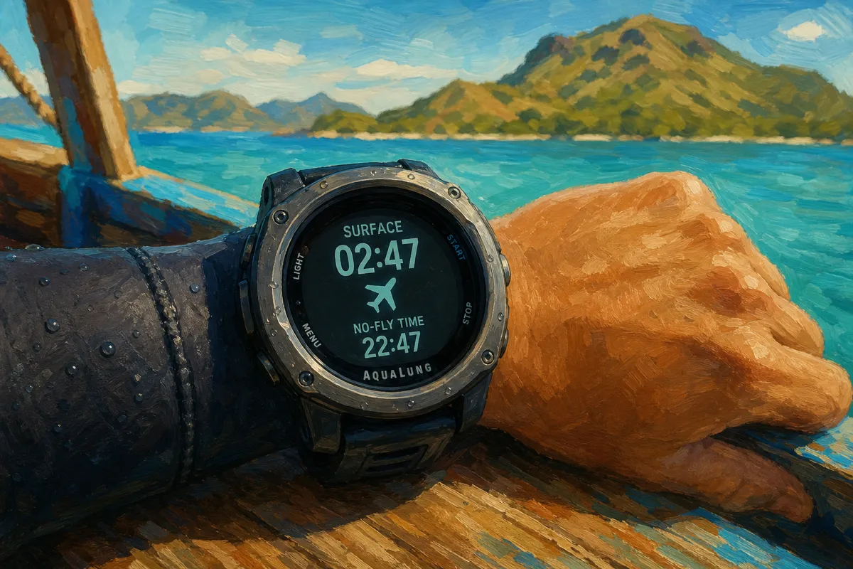 Dive computer on a diver's wrist showing the no-fly countdown after a dive in Komodo