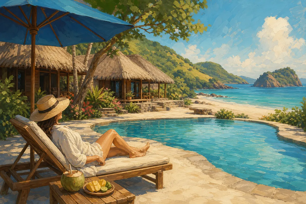 Traveler relaxing at a Komodo beach resort on a no-fly day with islands and sea in the background