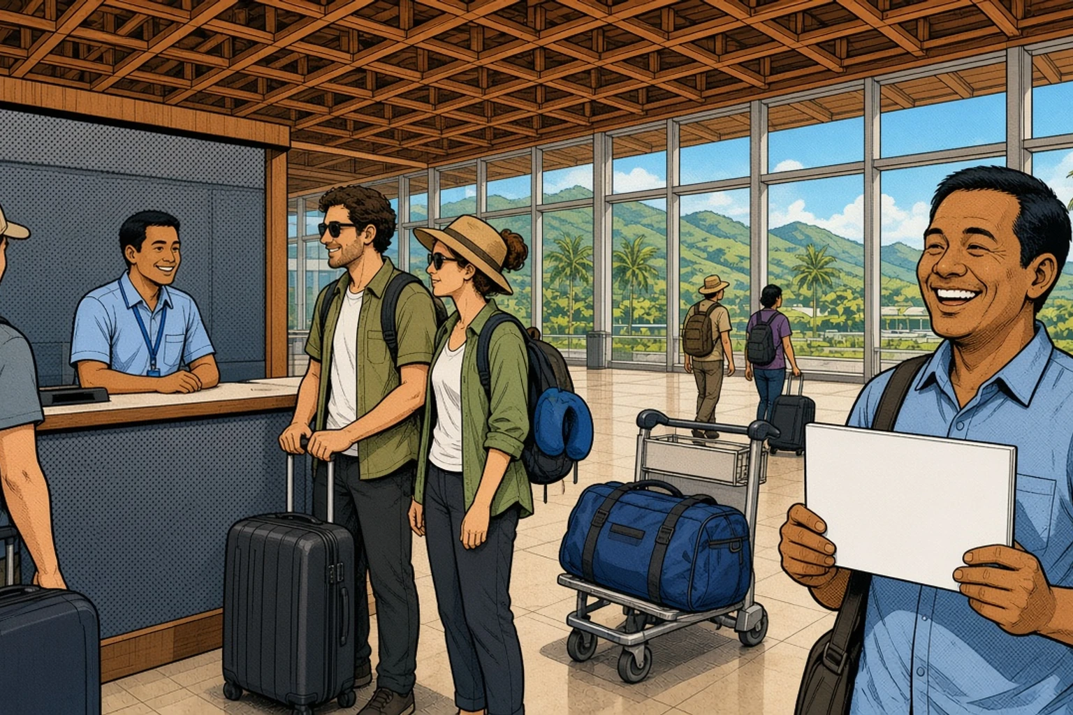Illustrazione in stile graphic novel della sala arrivi dell’aeroporto di Komodo a Labuan Bajo, con viaggiatori muniti di valigie e borse da immersione presso uno sportello dei taxi, mentre un autista regge un cartello con un nome