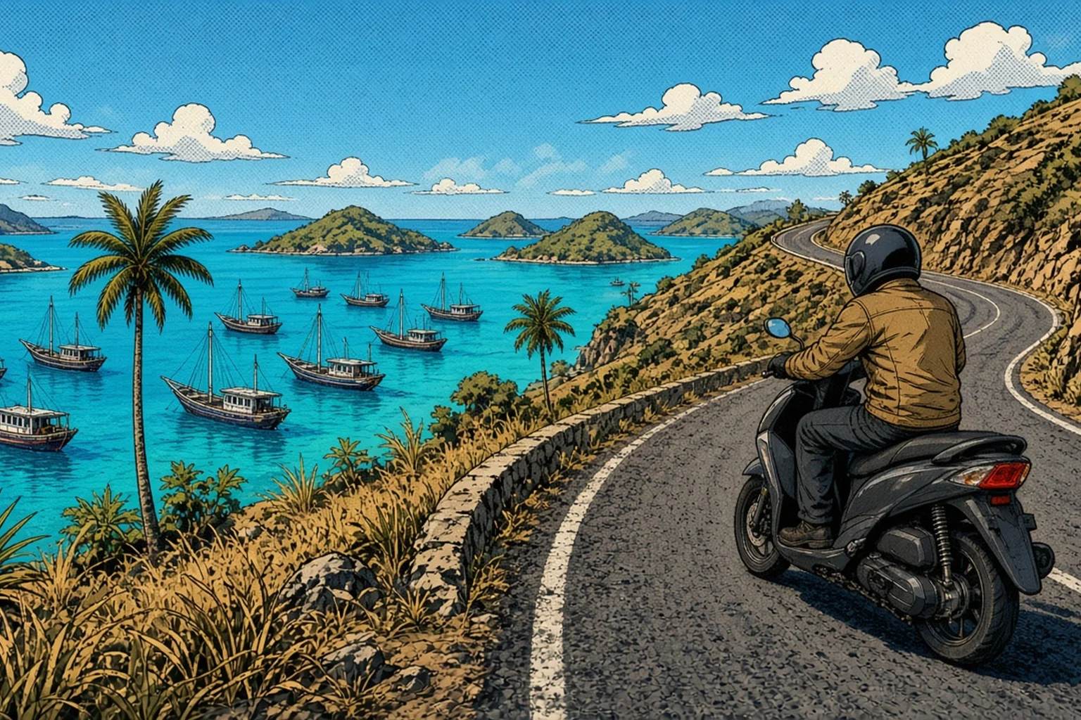 Illustrazione in stile graphic novel che raffigura un viaggiatore con il casco che guida uno scooter lungo una strada collinare tortuosa sopra la baia di Labuan Bajo, con imbarcazioni phinisi in legno ancorate nelle acque turchesi sottostanti