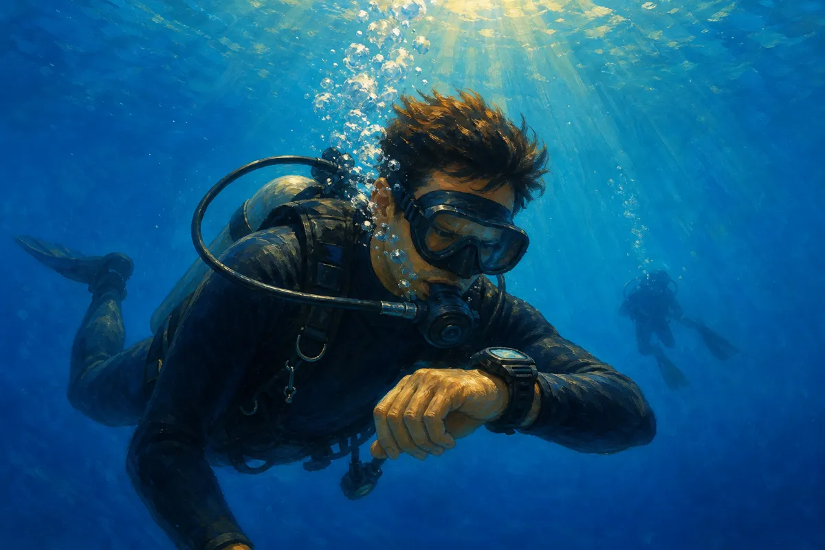Scuba diver checking the depth and no-decompression time on a wrist dive computer