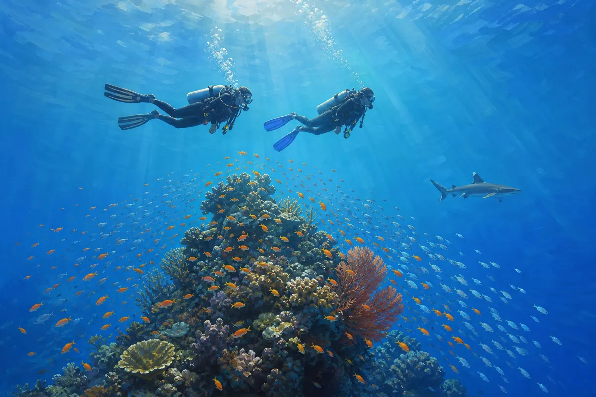 Two divers swimming above a coral pinnacle surrounded by schooling fish and a reef shark in Komodo