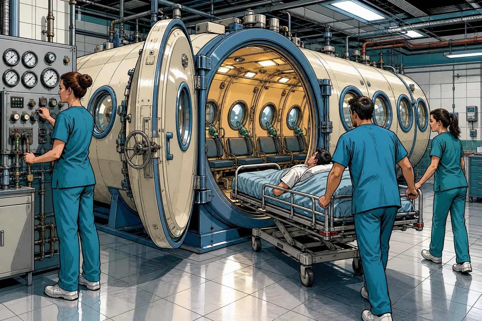 Graphic-novel illustration of the hyperbaric chamber room at a hospital in Labuan Bajo, a large cylindrical multi-place recompression chamber with a round door and viewing ports, a nurse at the control panel and a diver being wheeled in on a hospital bed