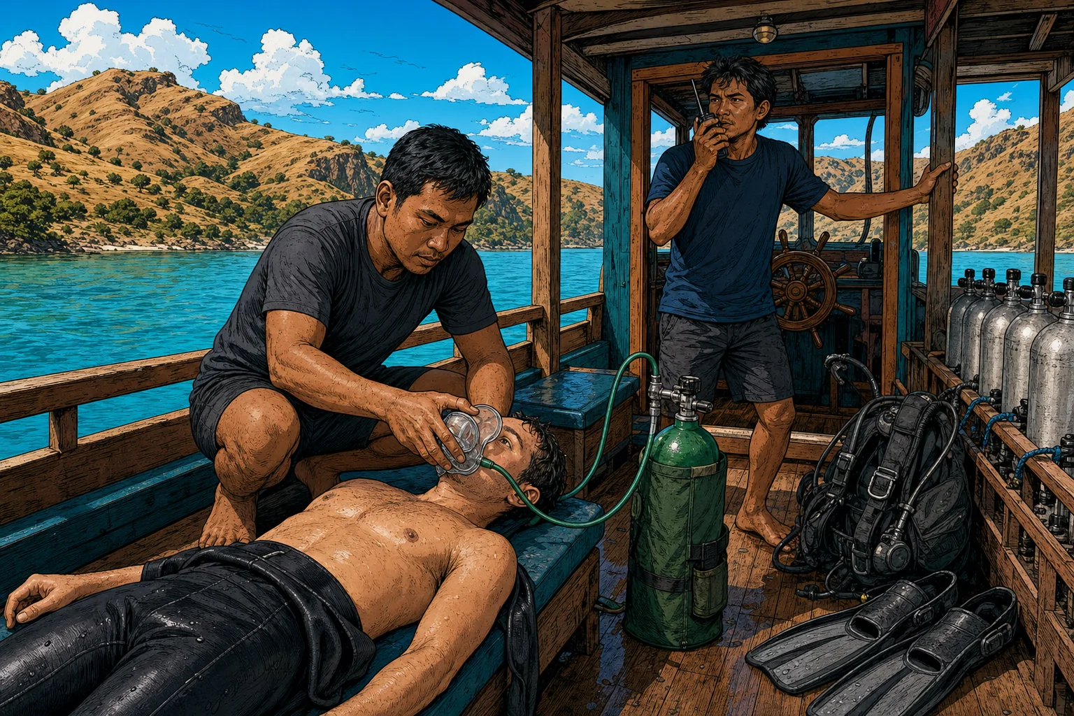 Graphic-novel illustration of a dive crew administering emergency oxygen to a diver lying on the deck of a wooden Komodo dive boat, a crew member holding the mask and another on the VHF radio, with the savannah hills of Komodo National Park and turquoise water behind