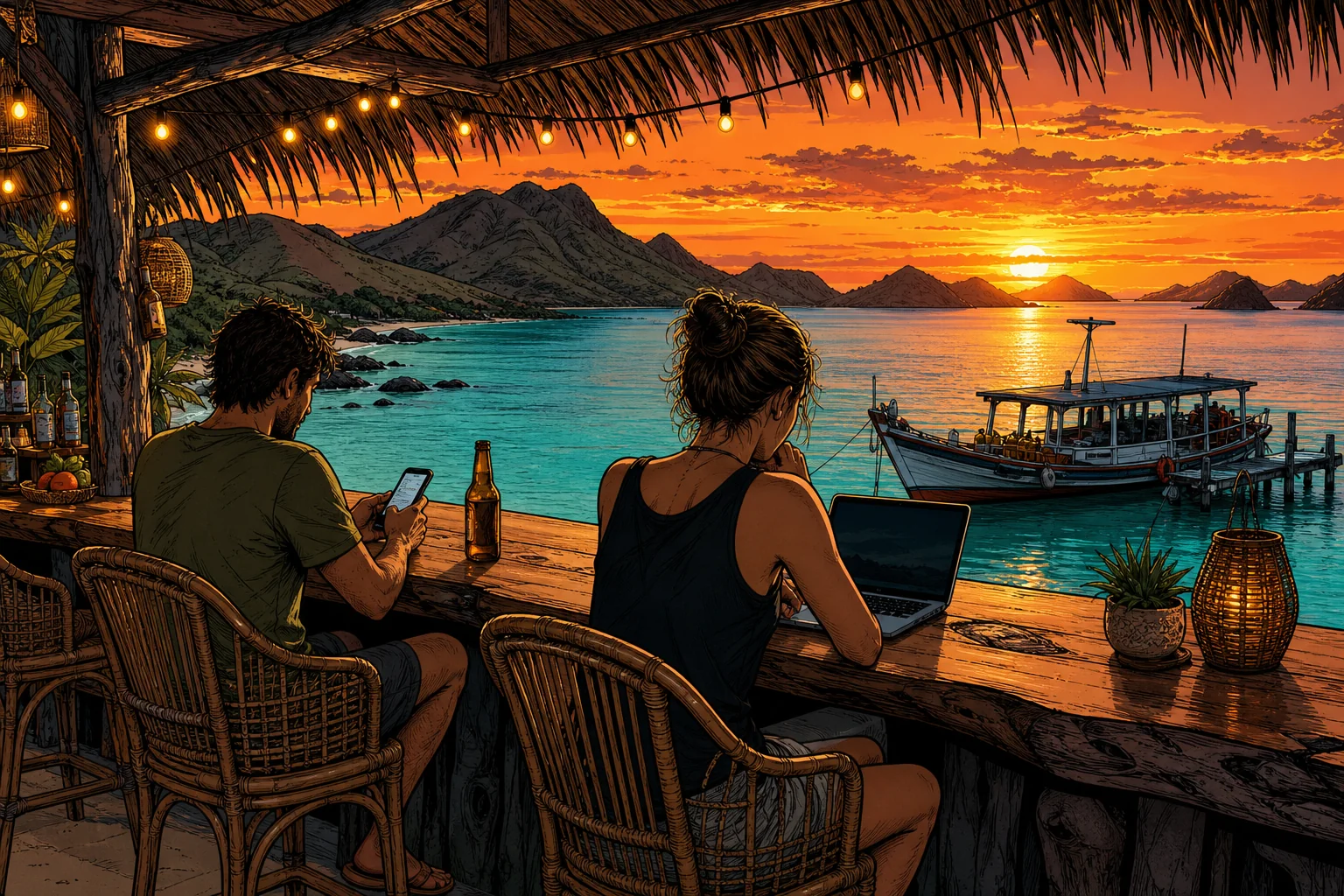 Illustration of two guests at a thatched beach bar on a Komodo island at sunset, one checking a phone and one working on a laptop, with a wooden dive boat moored on turquoise water and the savannah hills of Komodo behind