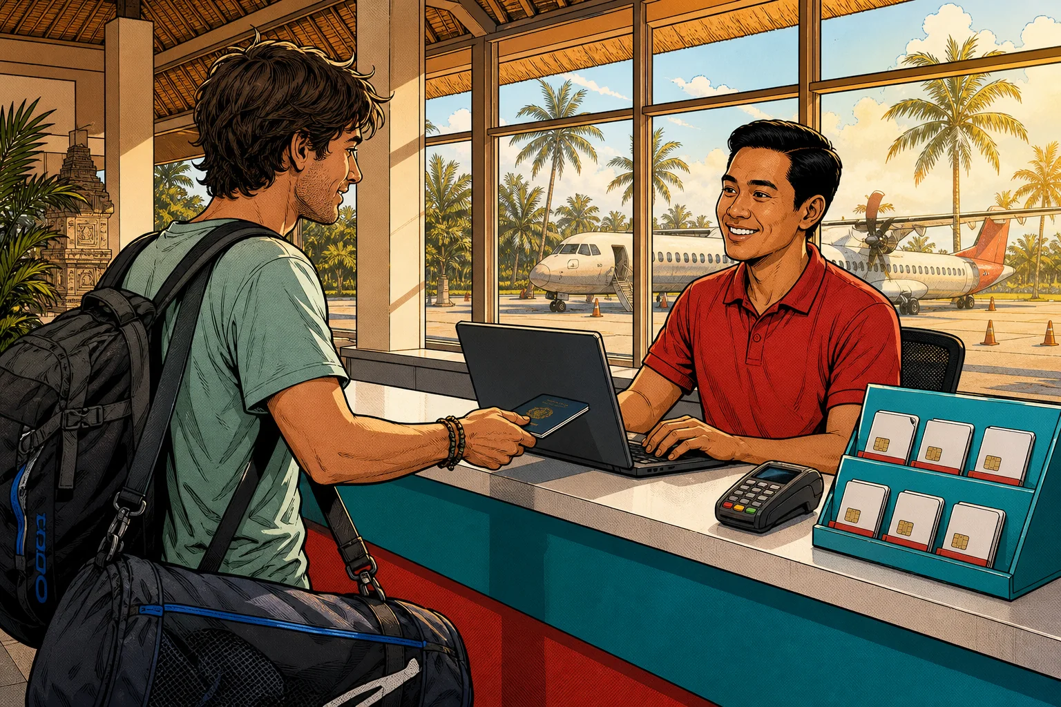 Illustration of a traveller with a dive bag handing a passport across an Indonesian mobile operator counter in a tropical airport arrivals hall, staff registering the SIM on a laptop beside a rack of SIM card packets
