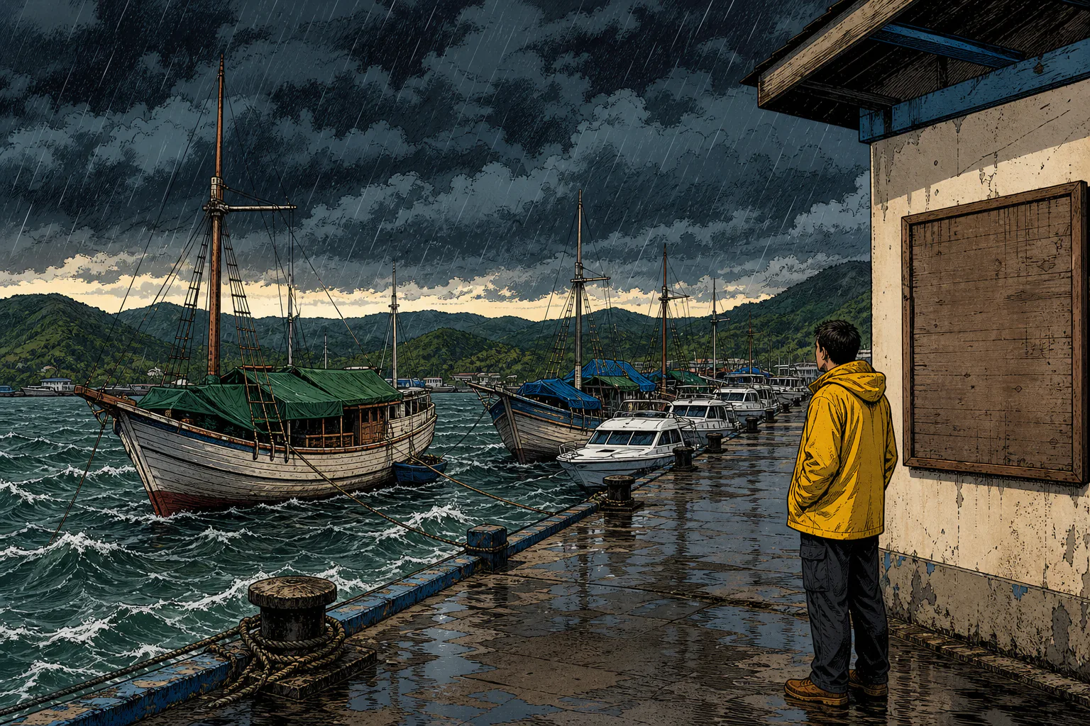 Graphic-novel illustration of Labuan Bajo harbour under a heavy grey monsoon sky, wooden phinisi boats and speedboats tied up at the pier with nobody boarding, choppy water and a closed harbourmaster's notice board in the foreground