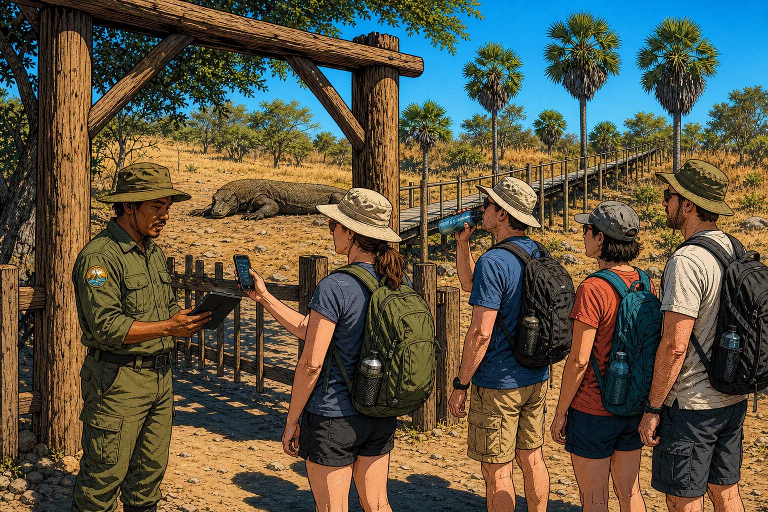 Graphic-novel illustration of a park ranger at the Loh Liang entrance gate on Komodo Island checking a visitor's phone booking on a tablet, a small group of trekkers waiting with a Komodo dragon resting in the shade behind the fence