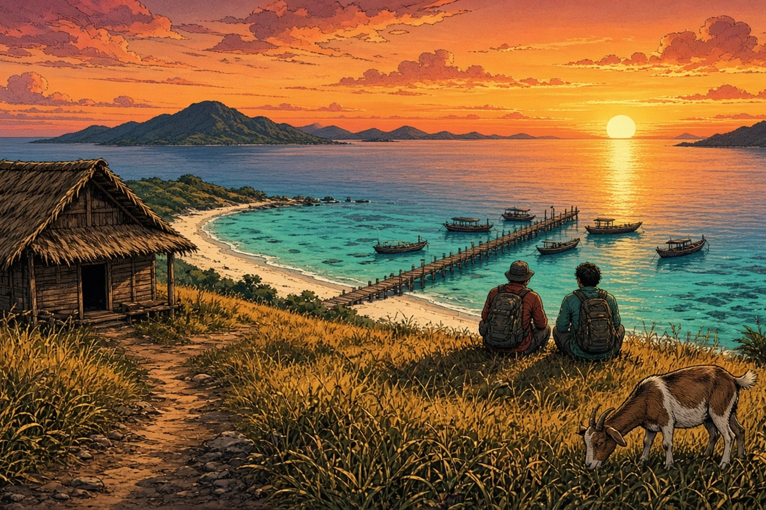 Vista al tramonto dalla cima erbosa dell’isola di Kanawa, con in primo piano una piccola capanna di legno, il lungo molo e le acque turchesi poco profonde sottostanti, oltre ad altre isole e imbarcazioni di legno sull’acqua