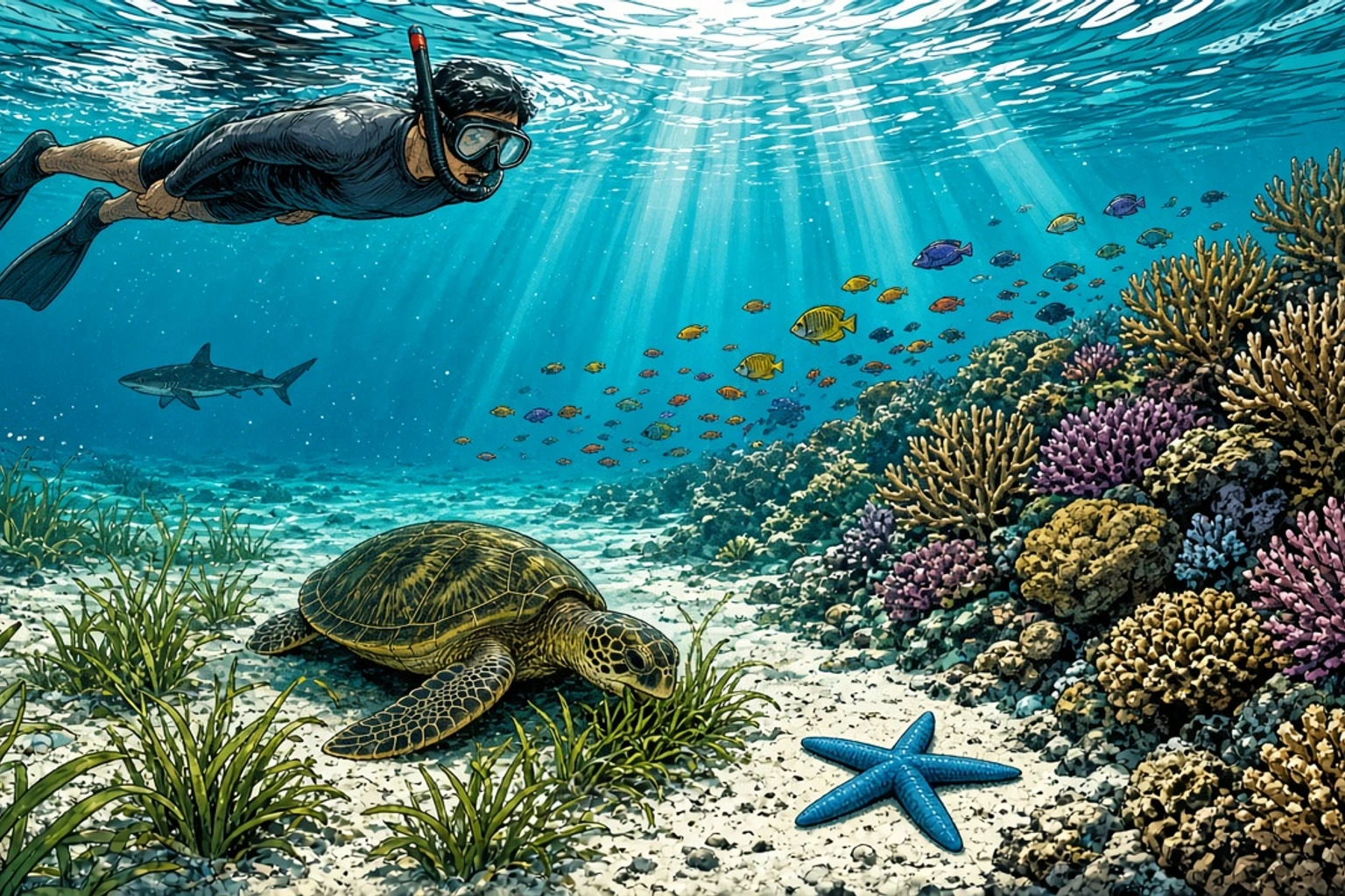Un subacqueo che pratica lo snorkeling galleggia sopra una tartaruga marina verde che si nutre di alghe marine nelle acque limpide e poco profonde al largo dell’isola di Kanawa, con il bordo di una barriera corallina e piccoli pesci di barriera sullo sfondo