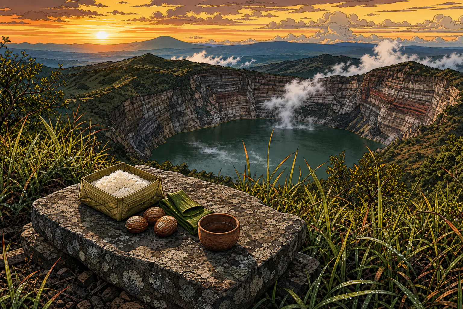 Traditional Lio offerings of rice, betel nut and leaves laid on a ceremonial stone on the misty rim of a Kelimutu crater lake at dawn
