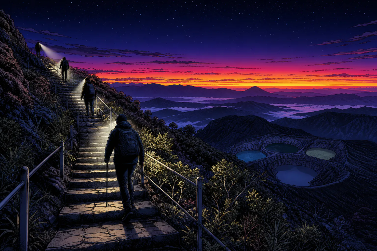 Visitors with headlamps climbing the paved stone stairway to the Kelimutu viewpoints before dawn, with the first orange light breaking over distant ridges