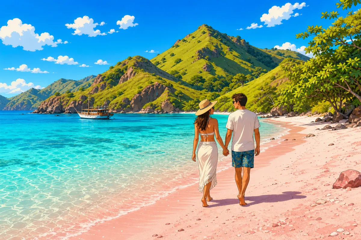 Couple walking along Pink Beach in Komodo with turquoise water and green hills in the background
