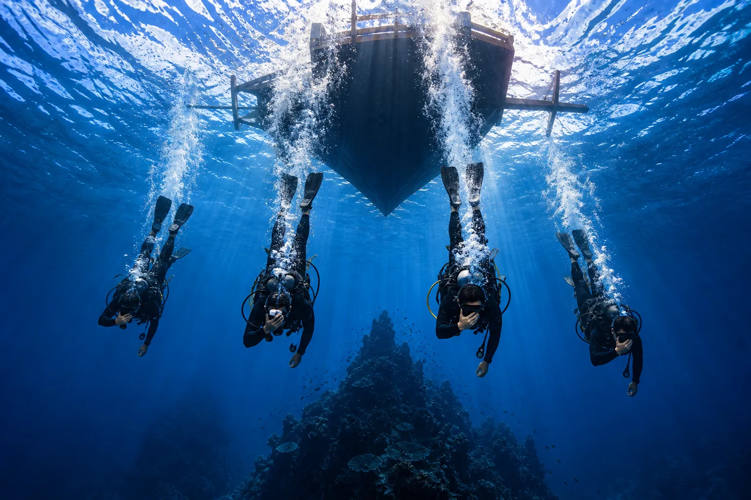 A line of scuba divers rolling backwards off the side of a dive boat together and descending immediately in a negative entry at a Komodo pinnacle