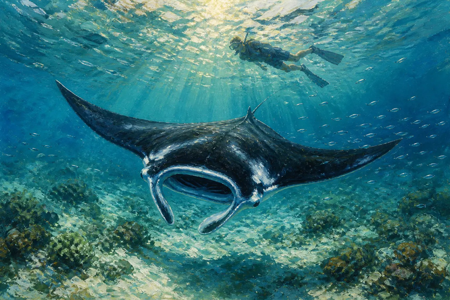 A snorkeller drifting at the surface above a reef manta ray feeding over the shallow rubble of Karang Makassar in Komodo National Park