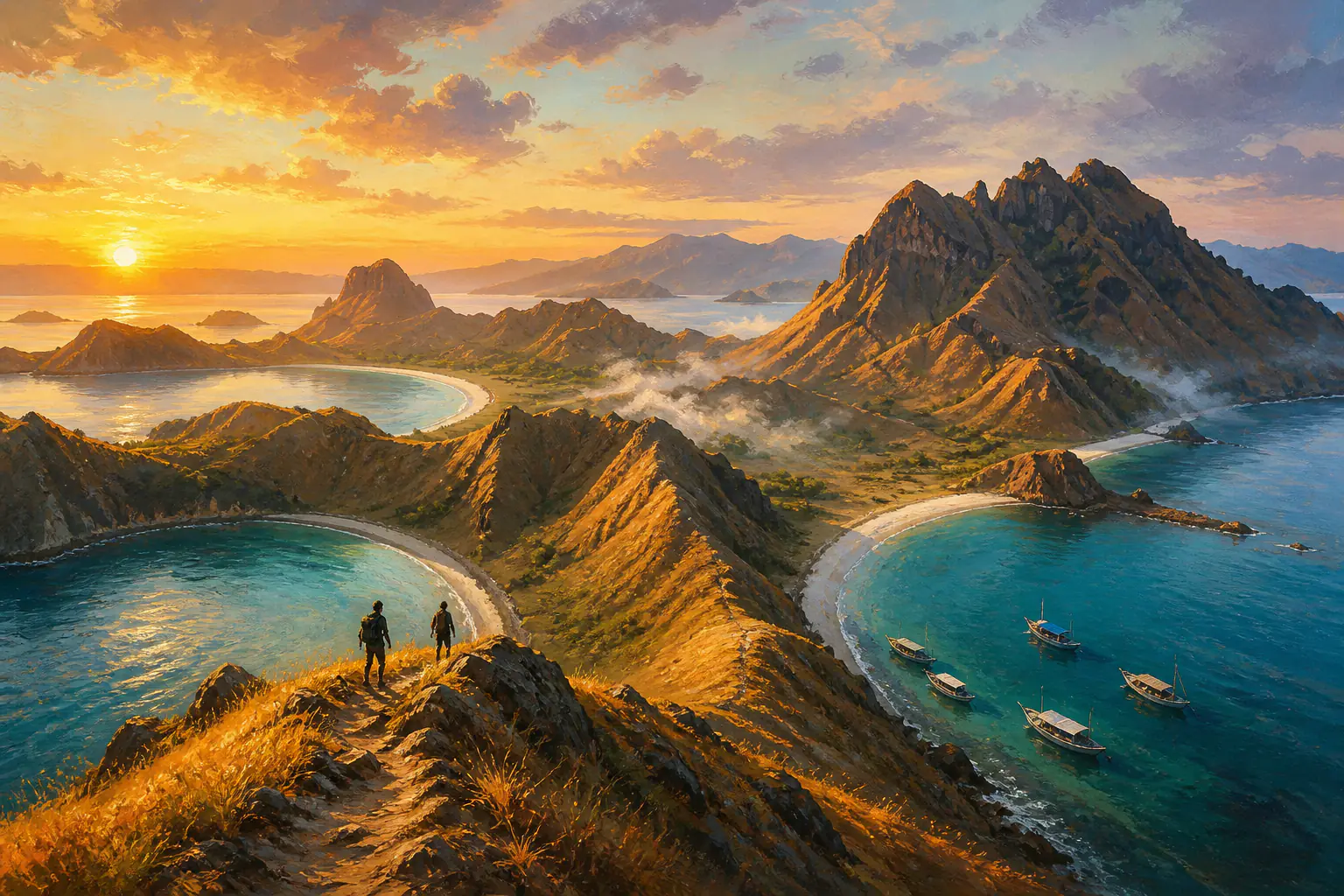 Early morning on the Padar Island ridge in Komodo, with three curving bays below and a handful of day trip boats anchored in the water