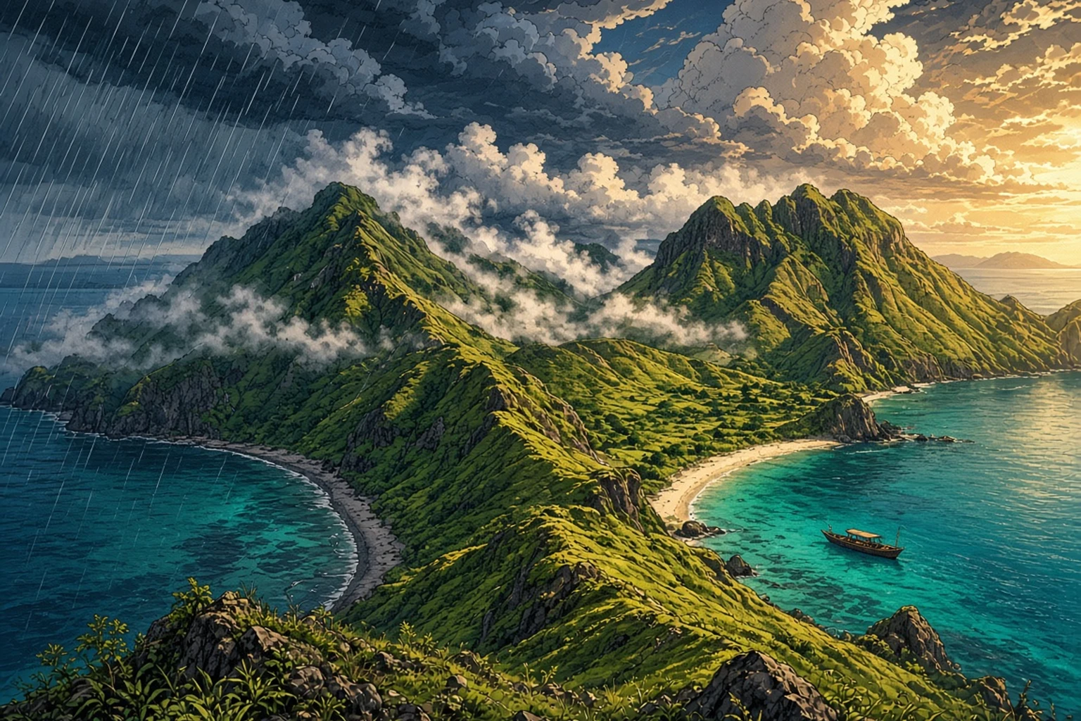 Le tre baie dell’isola di Padar viste dalla cresta durante la stagione delle piogge di dicembre: le colline appaiono verdi anziché ambrate, con una raffica di pioggia che attraversa una baia e la luce del sole che filtra sull’altra