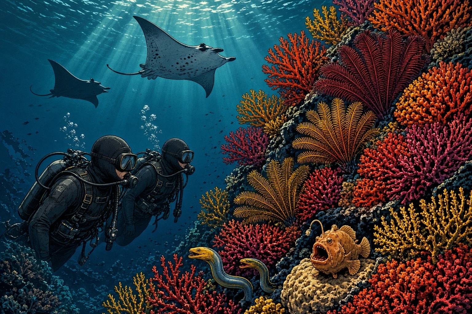 Subacquei in mute spesse con cappuccio accanto a una parete di corallo molle in un freddo sito di immersione a sud di Komodo, con le mante che transitano nell’azzurro alle loro spalle