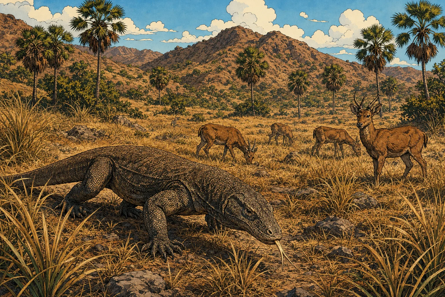 Komodo dragon stalking across dry golden savanna with Timor deer grazing in the distance