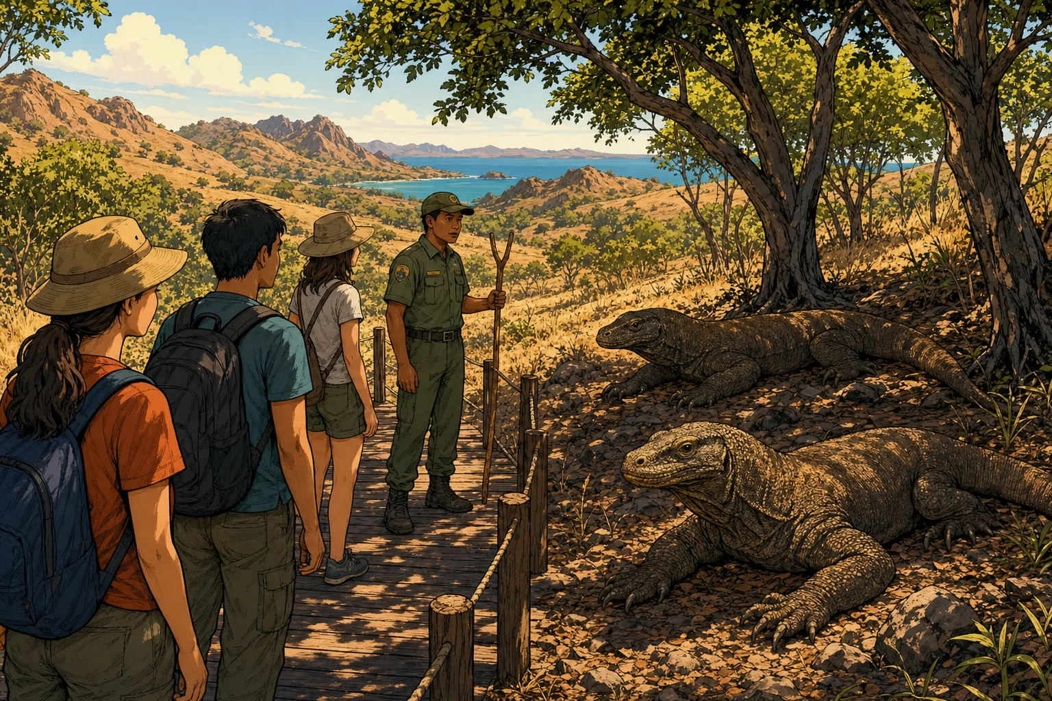 Park ranger leading visitors on a boardwalk to watch resting Komodo dragons at a safe distance