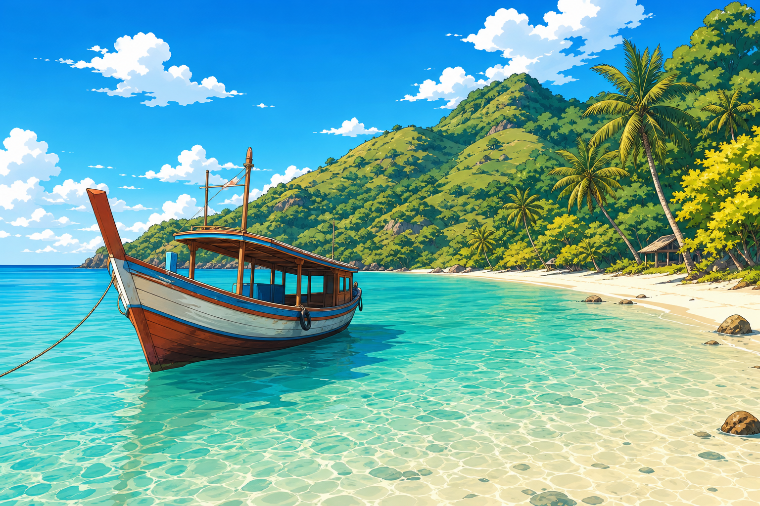 Traditional wooden boat anchored near Komodo Island with clear turquoise water and green hills during dry season
