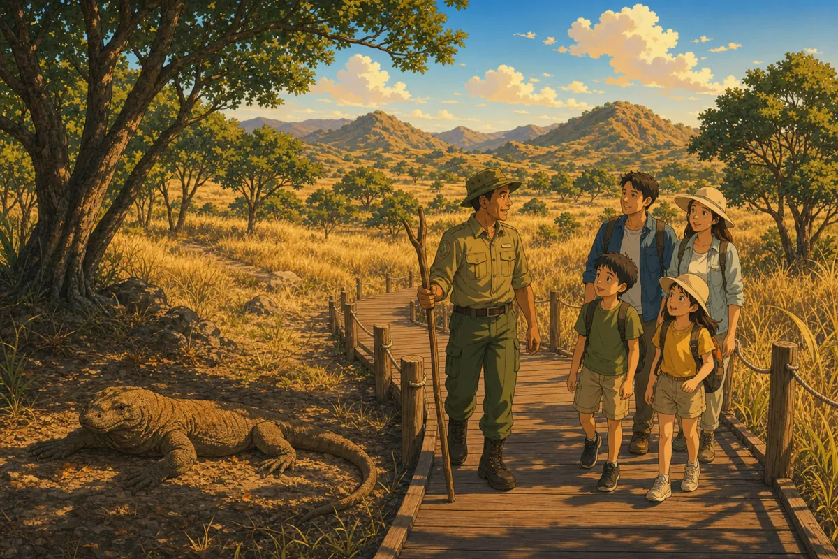 Park ranger leading a family with two children along a boardwalk trail on Rinca Island with a Komodo dragon resting nearby