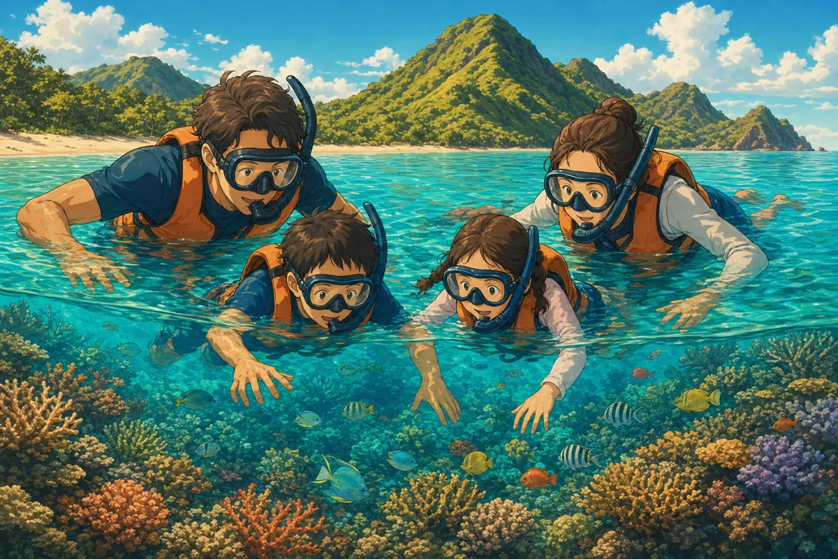 Family of four snorkeling together over a coral reef in clear turquoise water near a Komodo island