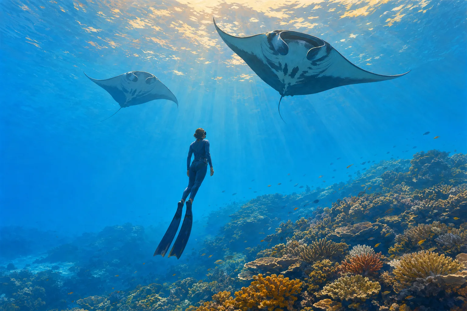 Freediver watching two manta rays glide over the reef at a Komodo cleaning station