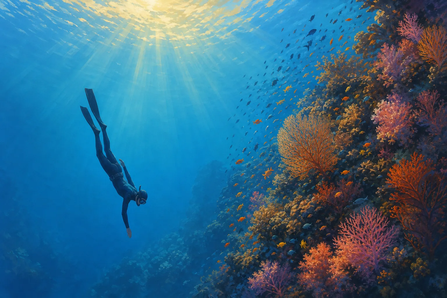 Freediver descending head-first along a coral wall in Komodo National Park